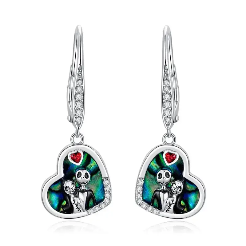 Sterling Silver Heart Abalone Shellfish Heart With Skull Drop Earrings For Women