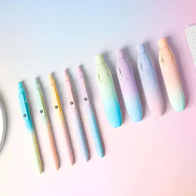 Gradient Color Stationery Set, 9 Counts/set Including 5 Counts 0.5mm Black Ink Ballpoint Pen & 4 Counts Removable Press Type ...