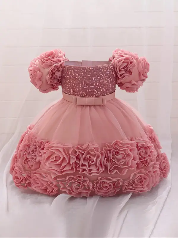 Girl's Contrast Mesh Appliques Sequin Decor Fit and Flare Dress, Elegant Puff Sleeve Zipper Back Party Dress for Performance ...