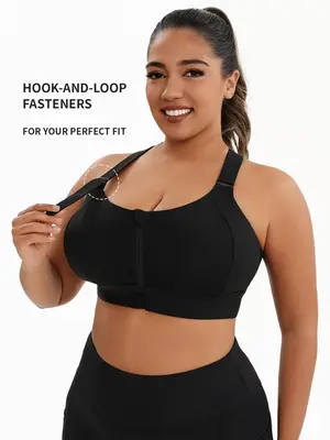 【Plus Size】 Criss Cross Zipper Front Sports Bra, Solid Adjustable Strap Wireless Sports Bra, High Stretch Yoga Bra, Women...