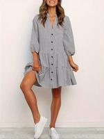 Women's Gingham Print Button Front Ruffle Hem Shirt Dress, Chic Casual Bishop Sleeve Notched Neck Short Dress for Spring & Fa...