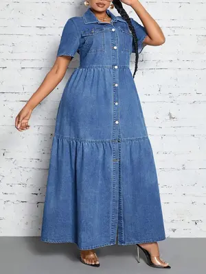 ćPlus Sizeć Plain Button Fly Denim Dress, Casual Short Sleeve Dress for Summer, Women's Plus Clothing for Daily Wear