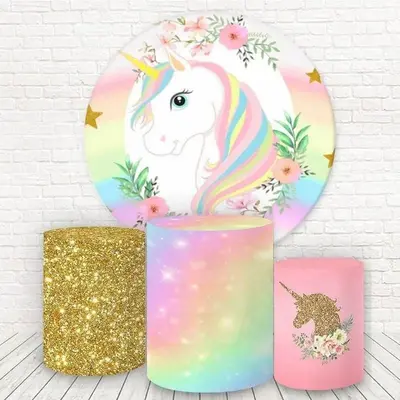 Aperturee Pink Floral And Unicorn Round Birthday Backdrop Kit | Birthday Backdrop Ideas | Circle Birthday Backdrop Cover | Ro...