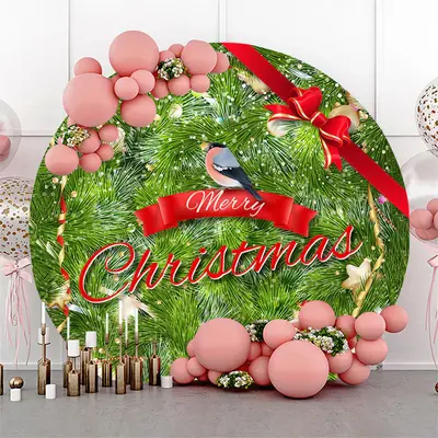 Bowknot Bird Green Red Merry Christmas Round Backdrop - Aperturee