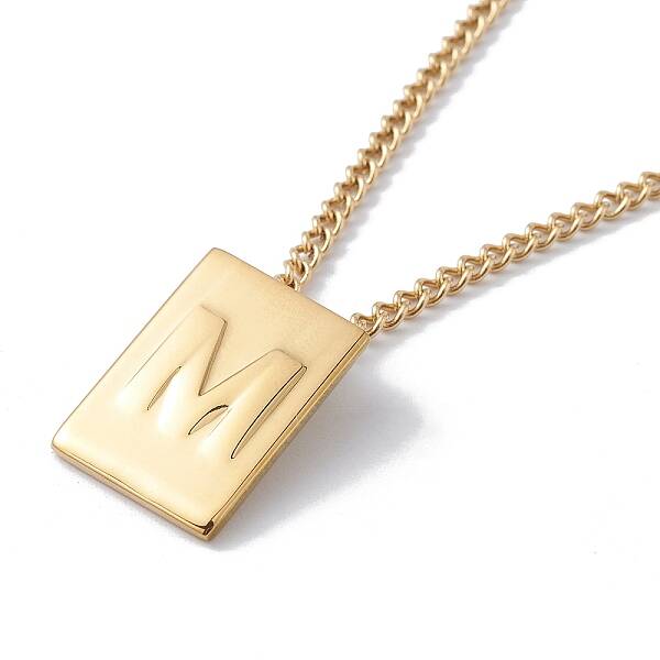 Stainless Steel Initial Letter Rectangle Pendant Necklace for Men Women