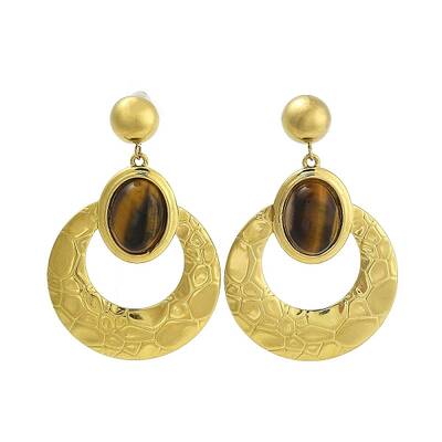 304 Stainless Steel Natural Tiger Eye Boho Stud Earrings