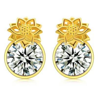14K Gold Personalized Birthstone Sunflower Stud Earrings for Women