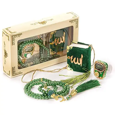 Mini Velvet Quran Set with Islamic Finger Counter – Portable Digital Tasbeeh & Pearl Zikirmatic Beads – 3 Pieces Muslim P...