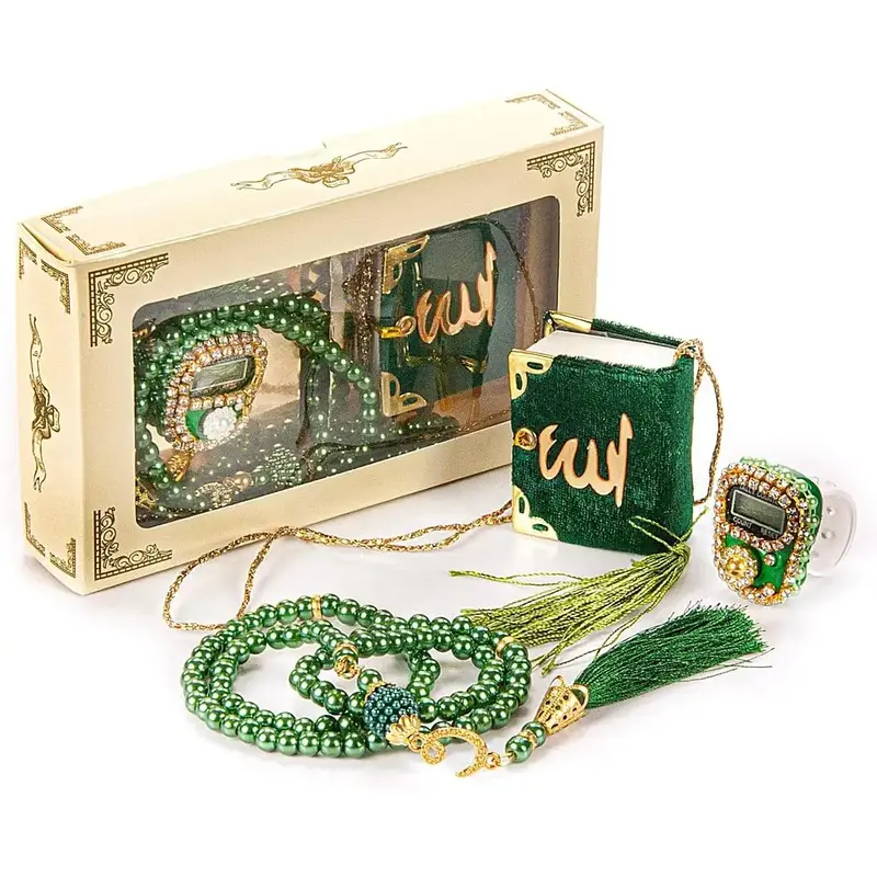 Mini Velvet Quran Set with Islamic Finger Counter – Portable Digital Tasbeeh & Pearl Zikirmatic Beads – 3 Pieces Muslim P...
