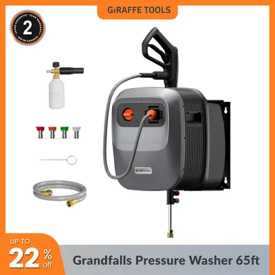 Giraffe Tools Grandfalls Retractable Pressure Washer G20 with 65FT Hose Reel 2400 PSI 2.0 GPM 4 Nozzles for Car, Patios, and ...