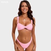 Bow Gathering Swimsuit Set with Wide Straps, Low Rise Bra, and High Waisted Triangles - Pink Bikini Set for Summer Beachwear ...