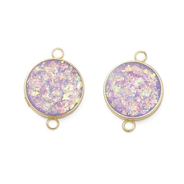 Rack Plating Brass Flat Round Connector Charms with Synthetic Opal