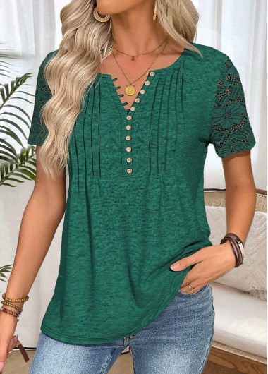 Modlily Blackish Green Short Sleeve Split Neck T Shirt - XXL