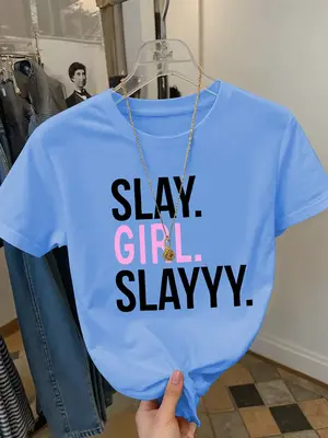 Girls Summer Fashion Creative Letter Print Short Sleeve T-Shirt, Outdoor Casual Comfortable Wear, Fitted Style, Moderate Fabr...