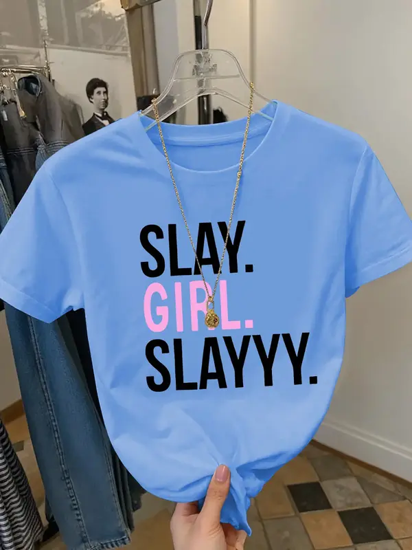 Girls Summer Fashion Creative Letter Print Short Sleeve T-Shirt, Outdoor Casual Comfortable Wear, Fitted Style, Moderate Fabr...