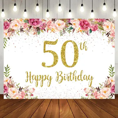 Pink Floral Glitter Gold White 50th Birthday Backdrop - Aperturee