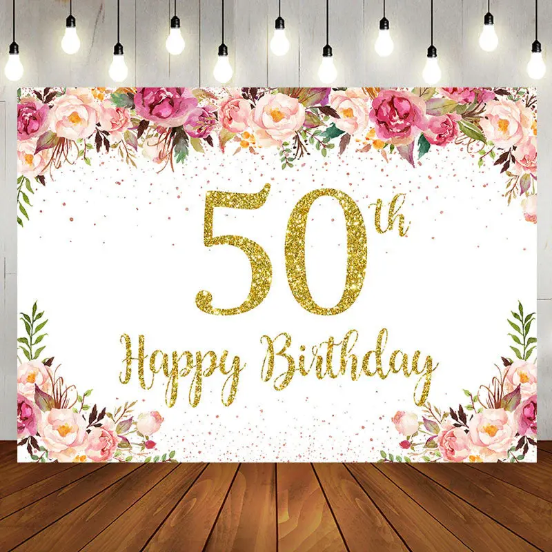 Pink Floral Glitter Gold White 50th Birthday Backdrop - Aperturee