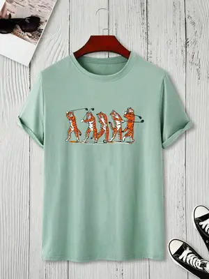 Men's Casual Cartoon Tiger Print Round Neck Tee, Regular Fit Short Sleeve Crew Neck T-Shirt for Summer, Fashion Men's Top for...