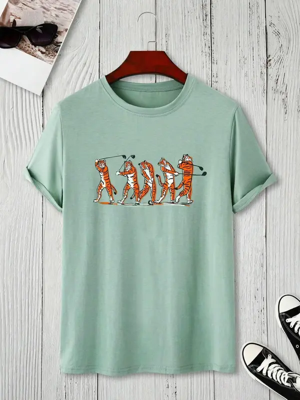 Men's Casual Cartoon Tiger Print Round Neck Tee, Regular Fit Short Sleeve Crew Neck T-Shirt for Summer, Fashion Men's Top for...