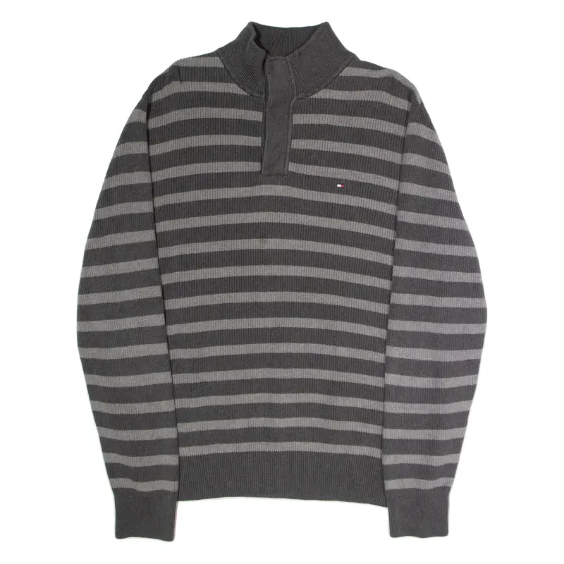 TOMMY HILFIGER Mens Jumper Grey Striped Button Neck Tight Knit XL