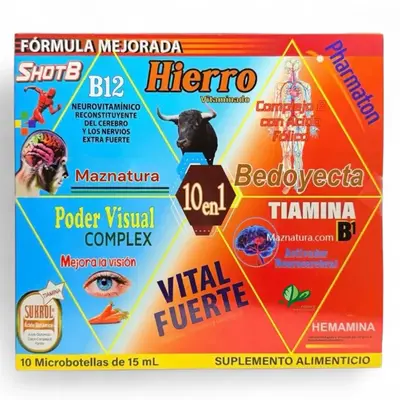 Hierro Vitamin B12 Antioxidant Dietary Supplement Includes 10 vials of 15ML