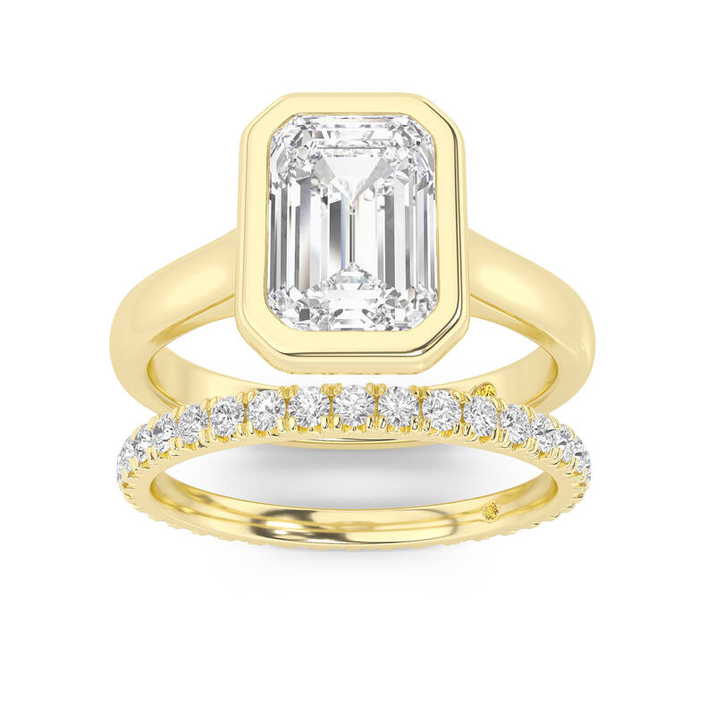 Secret Kiss Lab Grown Emerald Cut Diamond Engagement Ring with the Envoi Wedding Band | 18K Yellow Gold 2 ct. tw.