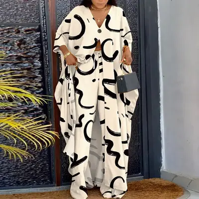 2025 ChicMe Women's Abstract Print High Slit Longline Top & Pants Set Elegant Casual
