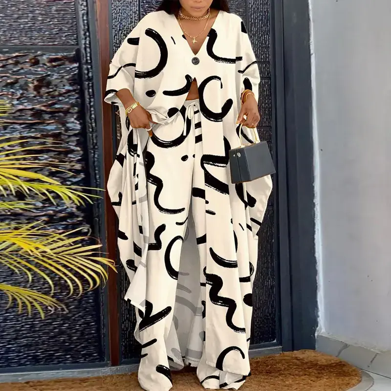 2025 ChicMe Women's Abstract Print High Slit Longline Top & Pants Set Elegant Casual