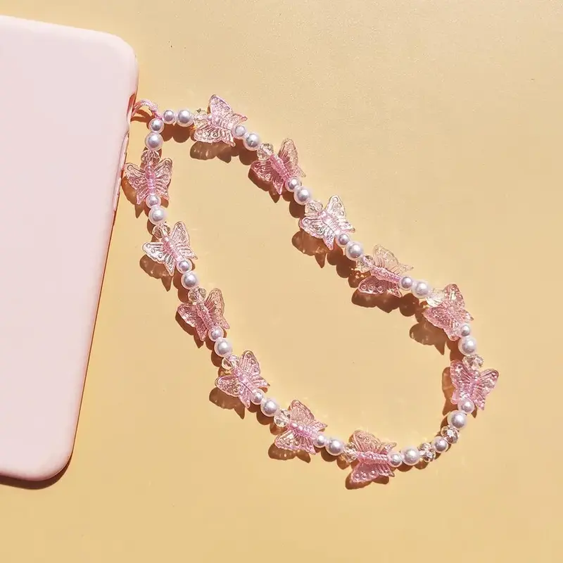 Fashion Artificial Crystal Butterfly Beaded Phone Chain, Acrylic Artificial Pearl Decor Mobile Phone Ornament, Fashion Phone ...