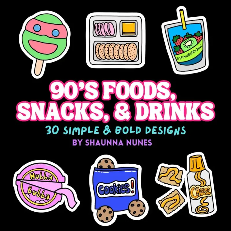 90's Foods, Snacks, & Drinks Coloring Book: 30 Simple and Bold Designs
