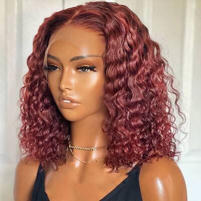99J Burgundy Short Deep Wave Wig Human Hair Transparent lace Wig 180%