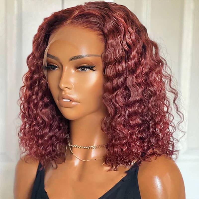 99J Burgundy Short Deep Wave Wig Human Hair Transparent lace Wig 180%