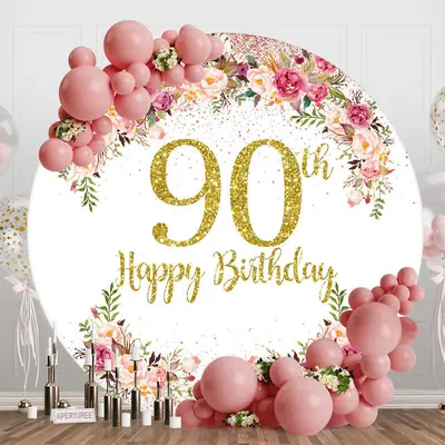 Blooming Flowers Women Round 90th Birthday Backdrop - Aperturee