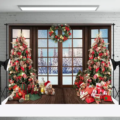 Aperturee Wooden Window Trees Gifts Forest Christmas Backdrop - Aperturee