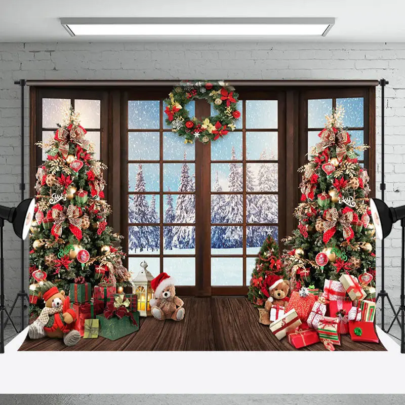 Aperturee Wooden Window Trees Gifts Forest Christmas Backdrop - Aperturee