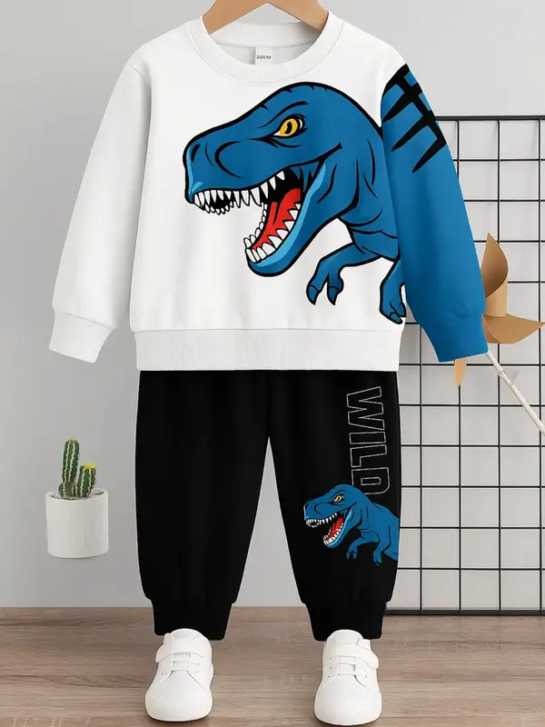 Boys' Cute Fitted Sporty Set, Long Sleeve Pullover & Pants, Spring & Fall Casual Wear, Moderate Fabric, Batch No. 0062