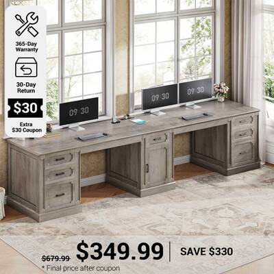 SEDETA 110.3 Inch Vintage Two Person Desk Long Farmhouse Computer Desk with Printer Stand Power Outlets 7 Drawers Large Stora...