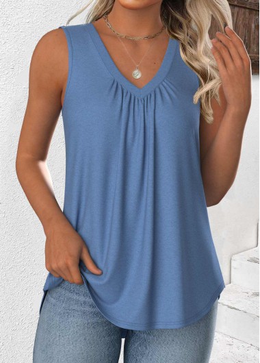 Modlily Dusty Blue Sleeveless V Neck Tank Top - XL