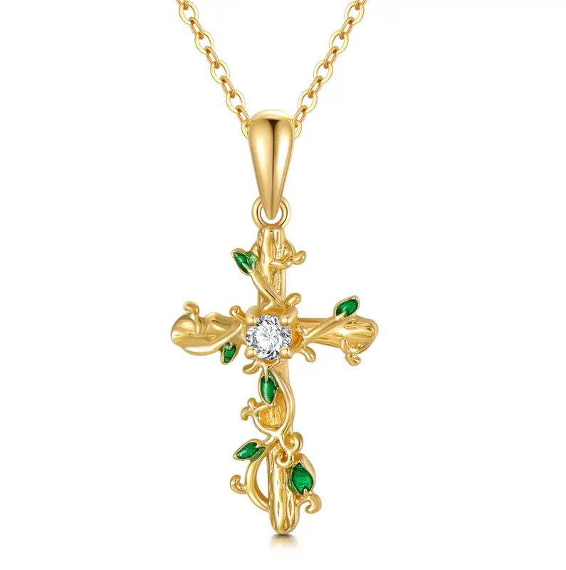 14K Gold Cubic Zirconia Ivy & Cross Pendant Necklace