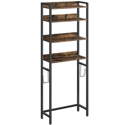 MAHANCRIS 4 Tier Over The Toilet Storage Rack, with 2 Hooks, Bathroom Storage Shelf, Easy to Assemble, Rustic Brown