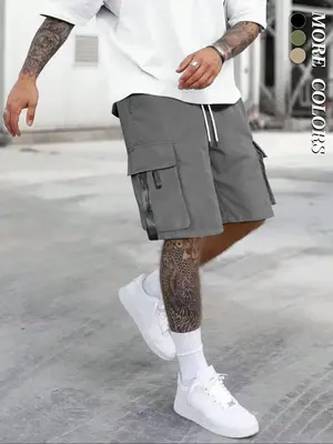 Men's Solid Drawstring Waist Cargo Shorts, Summer Outfits, Street Fashion Casual Streetwear Loose Pocket Straight Leg Shorts...