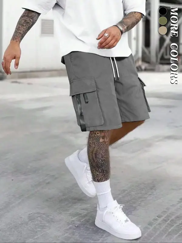 Men's Solid Drawstring Waist Cargo Shorts, Summer Outfits, Street Fashion Casual Streetwear Loose Pocket Straight Leg Shorts...