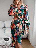 Women's Random Print Belted Wrap Long Sleeve Dress, Boho Elegant V Neck Bishop Sleeve Midi Dress for Summer, Women's Clothing...
