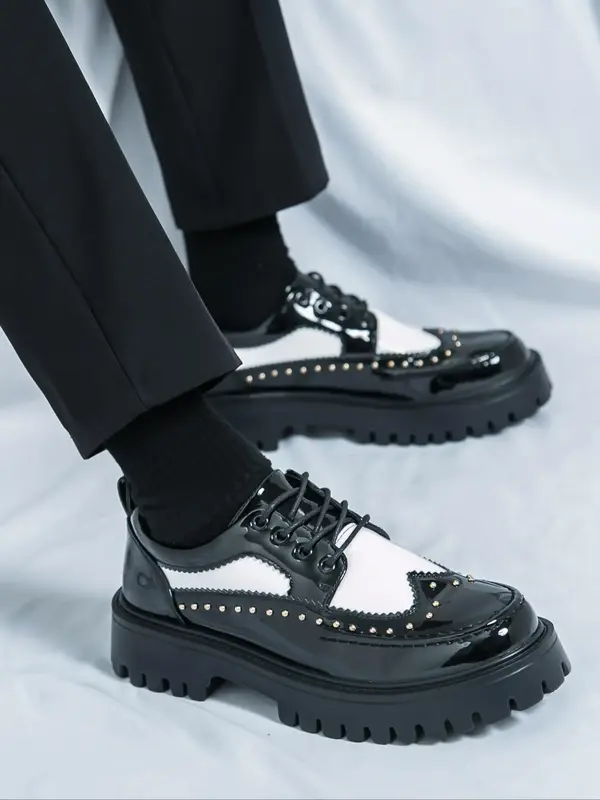 Men's Fashionable Lace Up Platform Shoes, 2025 New Style Casual Business Comfortable White and Black Shoes for Work & Daily W...