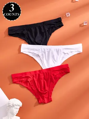 Men's 3pcs Sexy Plain Elastic Waist Low Waist Briefs, Fashion Transparent Breathable Soft Basic Minimalist Comfort Menswear P...