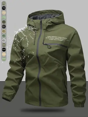 Men's Letter Print Zipper Hooded Jacket, Casual Waterproof Windproof Long Sleeve Hooded Outerwear for Outdoor Activities, Fas...