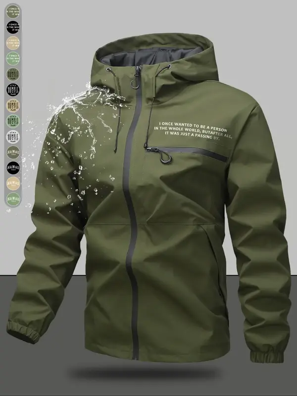 Men's Letter Print Zipper Hooded Jacket, Casual Waterproof Windproof Long Sleeve Hooded Outerwear for Outdoor Activities, Fas...