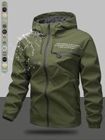 Men's Letter Print Zipper Hooded Jacket, Casual Waterproof Windproof Long Sleeve Hooded Outerwear for Outdoor Activities, Fas...