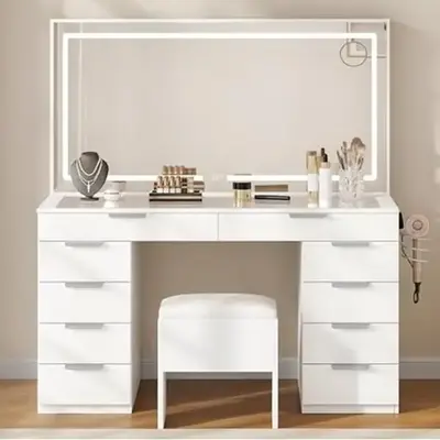 DWVO Makeup Vanity with Light Strip & Extra-Large Mirror, 10/11 Drawers Vanity Table Set with Power Hub & Hair Dryer Rack, Gl...