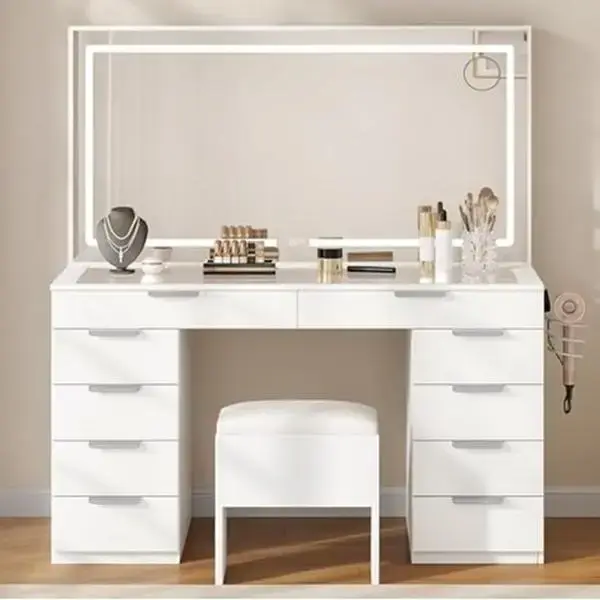 DWVO Makeup Vanity with Light Strip & Extra-Large Mirror, 10/11 Drawers Vanity Table Set with Power Hub & Hair Dryer Rack, Gl...